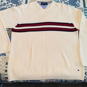 Tommy Hilfiger Men's Ivory Sweater with Red and Navy Stripes